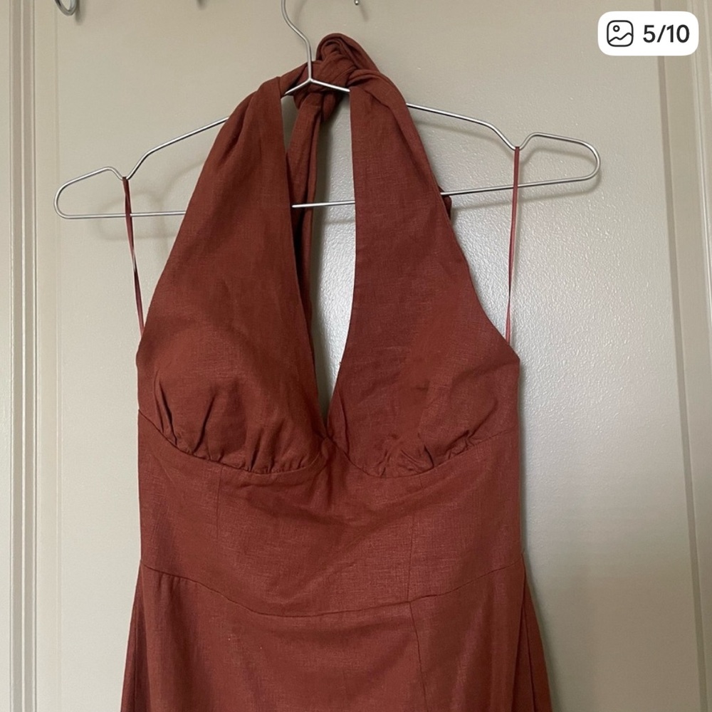 ZARA LINEN BLEND RUST MIDI DRESS - Picture 4 of 5